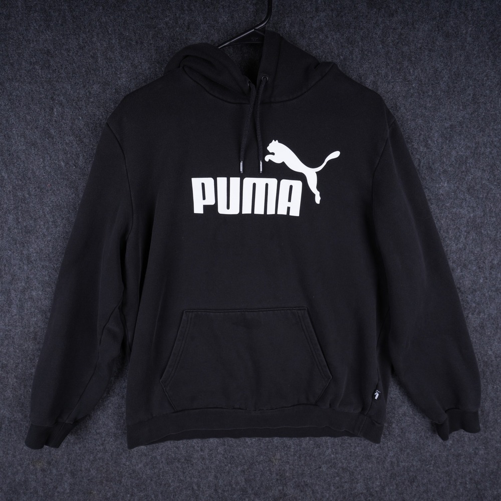 Puma Hoodie Men Large Black Excellent Logo Graphic Pullover Sweatshirt